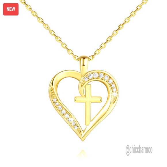 14K Gold Plated Cross Heart Pendant Necklace 17.7+1.7in Lobster Clasp
